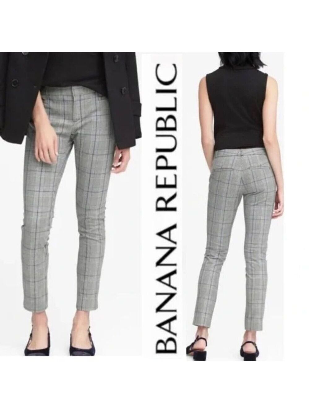 Banana Republic Sloan Ankle Pants Grey Blue Checkered Size 4 Stretch